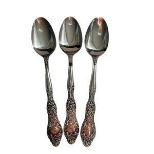 Vtg International INS154  3 Serving Spoons Solid Roses Stainless Flatware 8"